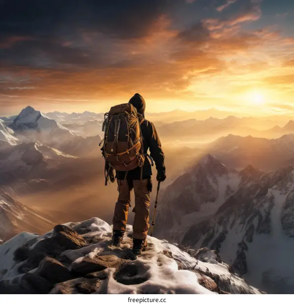 Man on the top of the mountain watching the sunset