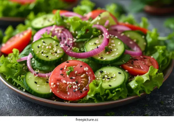 Fresh tomato cucumber salad with red onion and lettuce