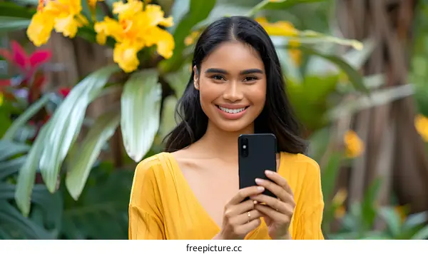 Smiling Asian Woman Using Smartphone in Garden
