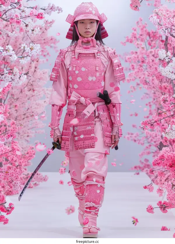 A model wearing a pink samurai armor walks down a runway