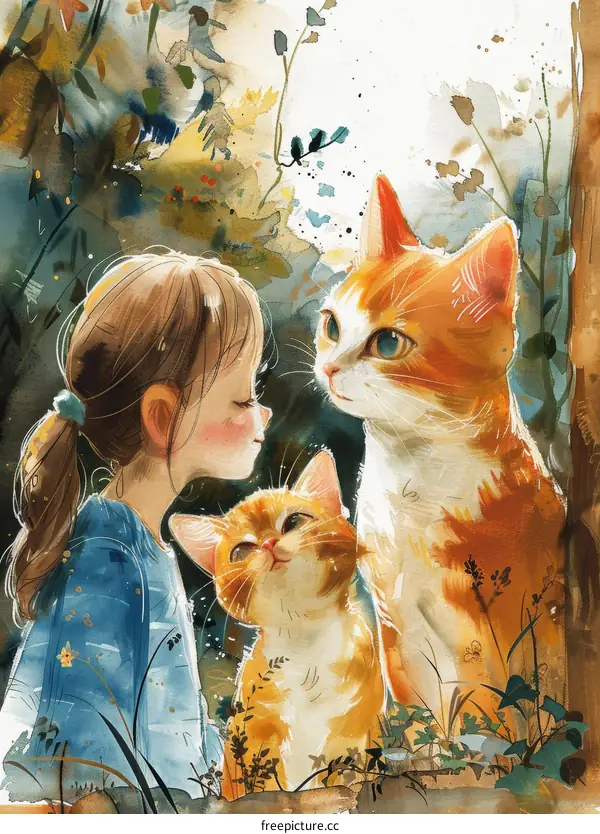 Little girl with two cats in the forest