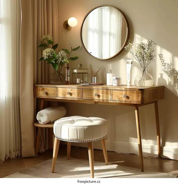 White Dressing Table with Flowers and Mirror