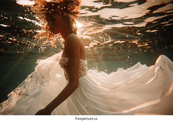 An underwater photo of a woman wearing a wedding dress