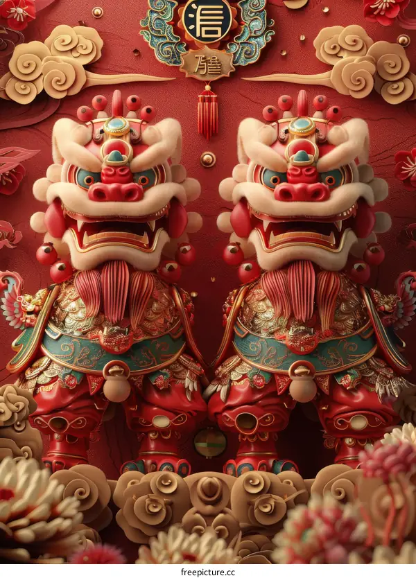 Two Chinese New Year Lion Dances on a Red Background