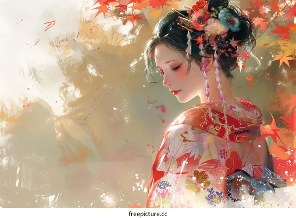 An illustration of a beautiful Japanese woman in a red kimono with a floral pattern and a white obi, with her hair in a traditional bun adorned with red and pink flowers and hair accessories.