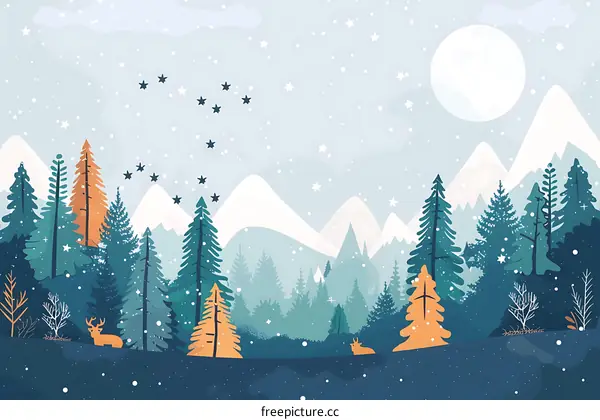 Winter Forest Landscape with Snowfall and Stars