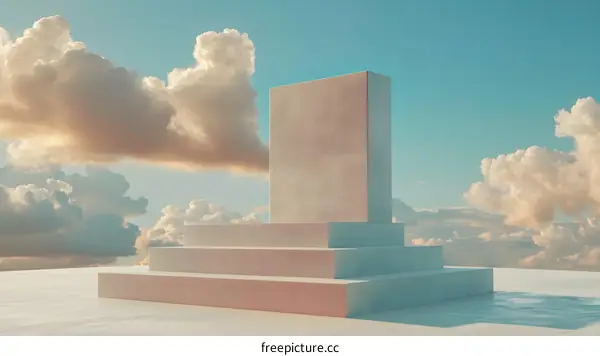 Minimalist Abstract Architecture Rendered In 3D With Cloudy Sky Background