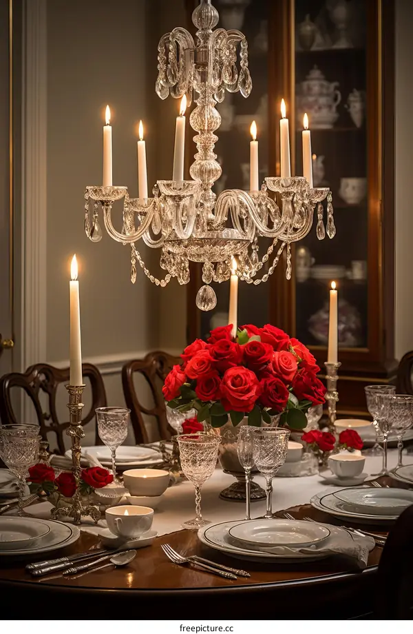 Elegant dinning table with red roses centerpiece and crystal chandelier