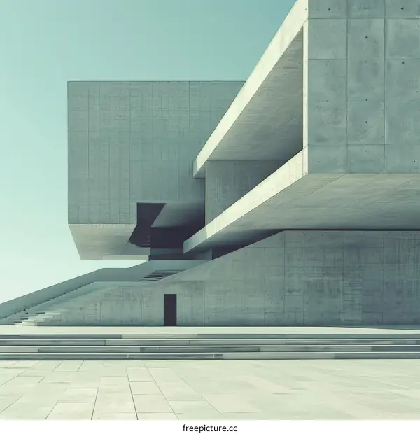 A concrete building with a large open space in front of it