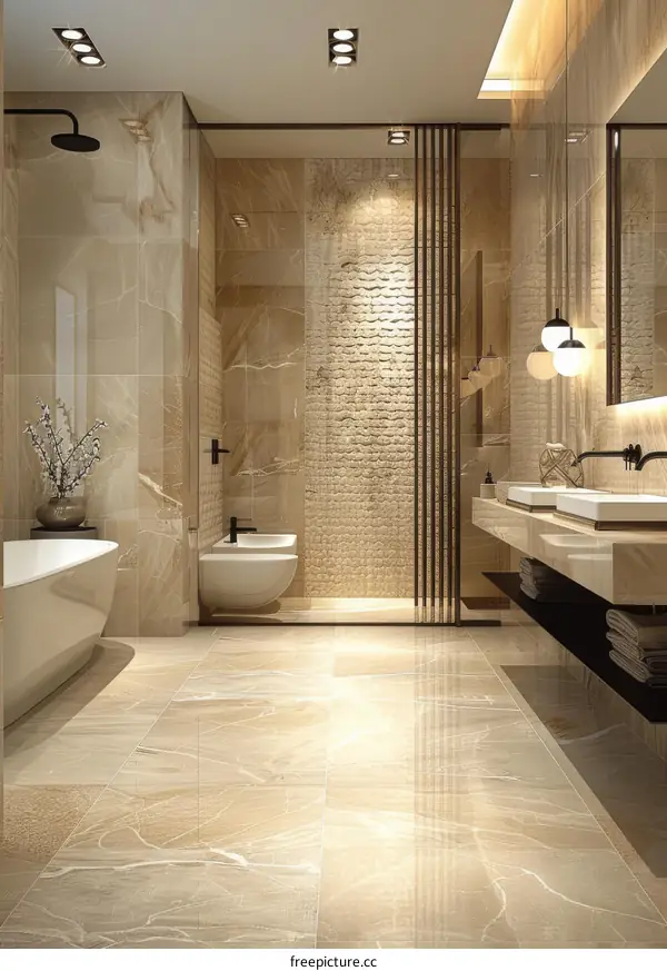 Modern Bathroom Features Travertine Tiles