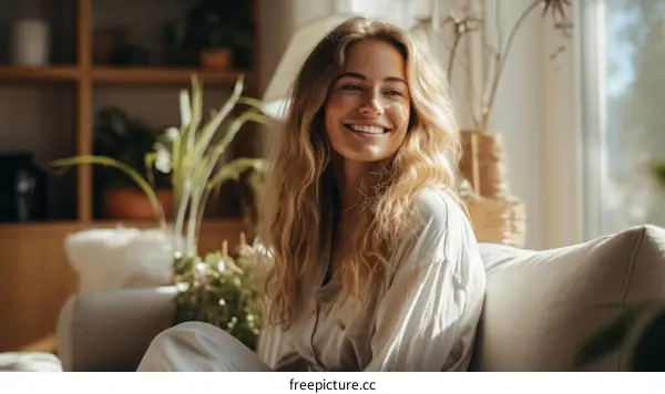 Portrait of a smiling young woman sitting on a couch
