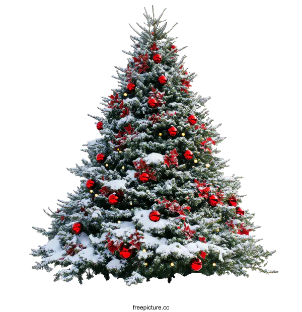 [Transparent Background PNG]Snow Covered Christmas Tree Decorated with Red Ornaments