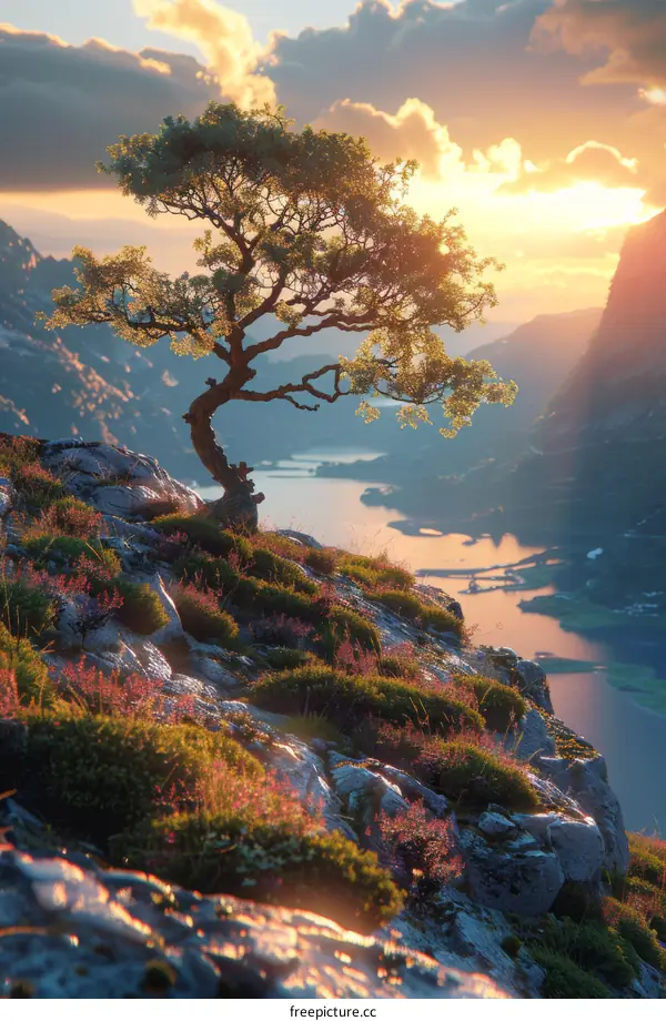 Solitary Tree on a Rocky Hill with Distant Lake and Mountains