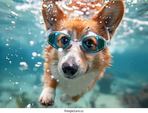 A cute corgi dog is swimming underwater with goggles on