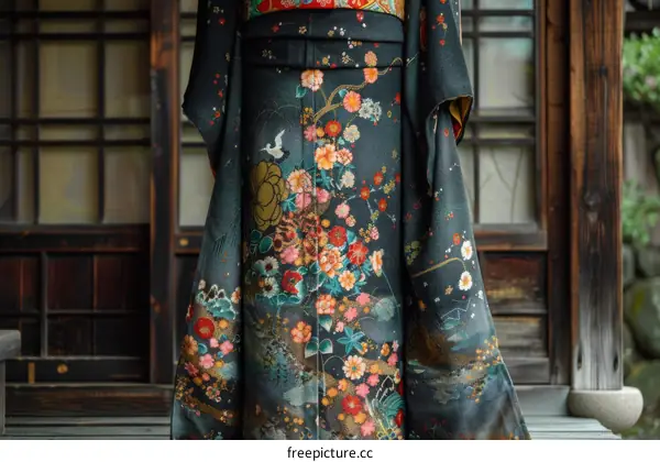 A woman wearing a kimono with floral patterns and a haori with a crane pattern.