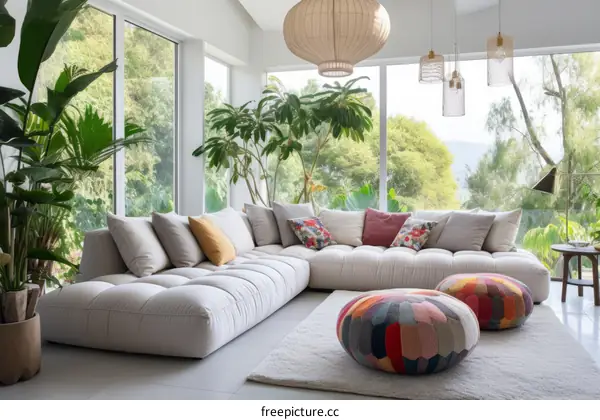 Bright and Airy Living Room with Large Windows and Plants