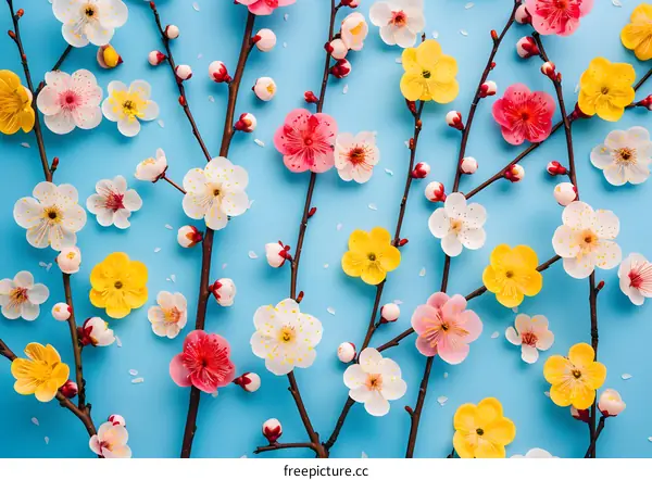 Spring Floral Pattern with Plum Blossoms on Blue Background