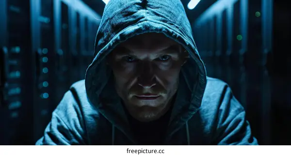 Mysterious Man In Hoodie Looks Intensely At The Camera In A Data Center
