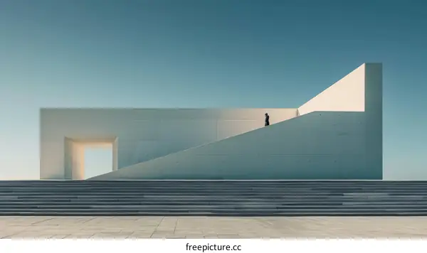 A Person Walking Upstairs in a Geometric Building