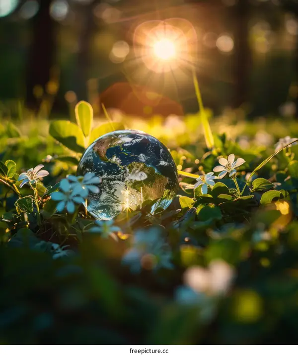 Glass ball reflecting the Earth placed on the grass in the middle of the forest with flowers and sunlight in the background