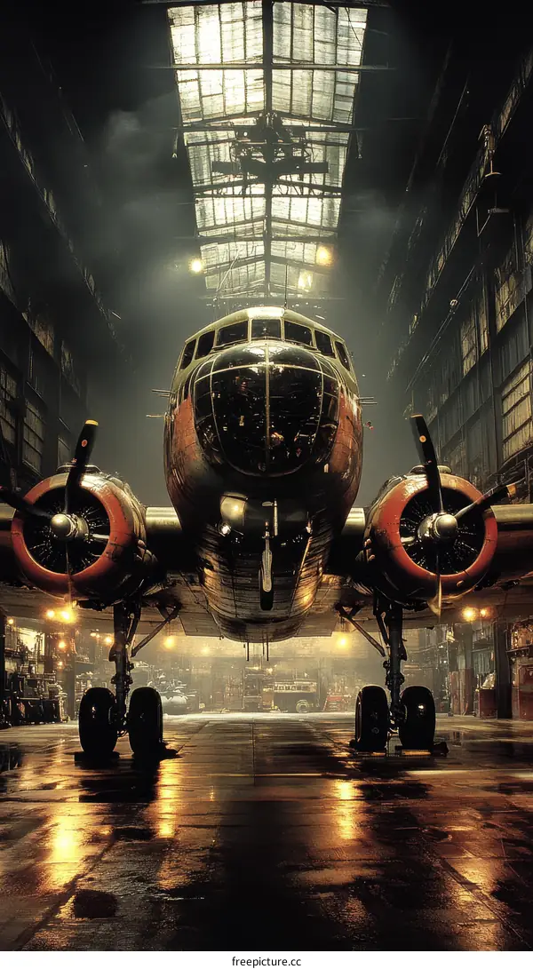 Vintage Airplane in a Huge Hangar