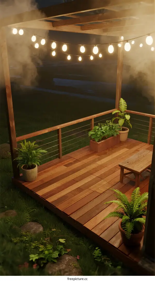 Cozy Wooden Deck with String Lights and Potted Plants at Night