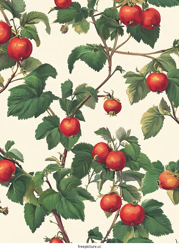 Red Berries and Green Leaves Seamless Pattern