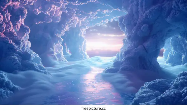 Ice Cave Fantasy with Pink Clouds and Glowing River