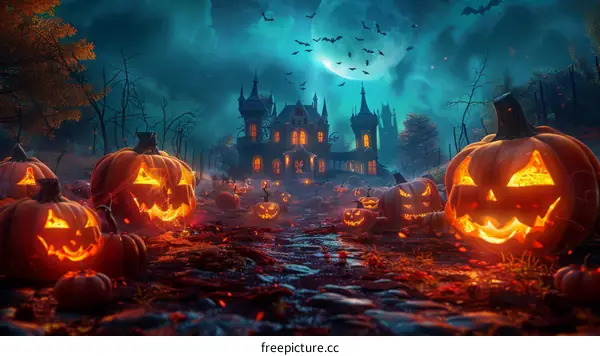 Haunted House Surrounded by Jack-o'-lanterns