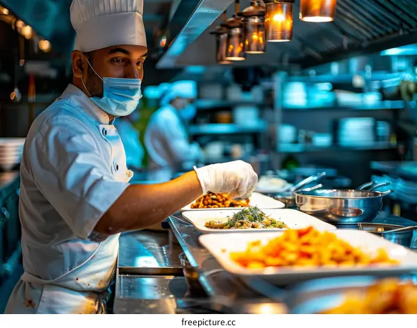 Focused Chef in Kitchen Plating Dish