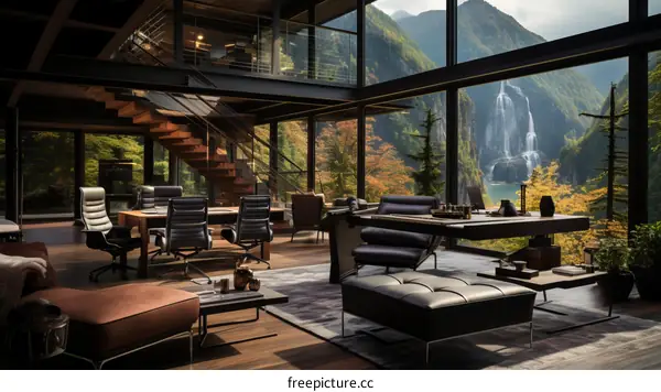 Modern office interior with floor to ceiling windows looking out onto a beautiful mountain landscape