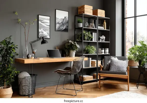 Modern Home Office with Plants and Bookshelf