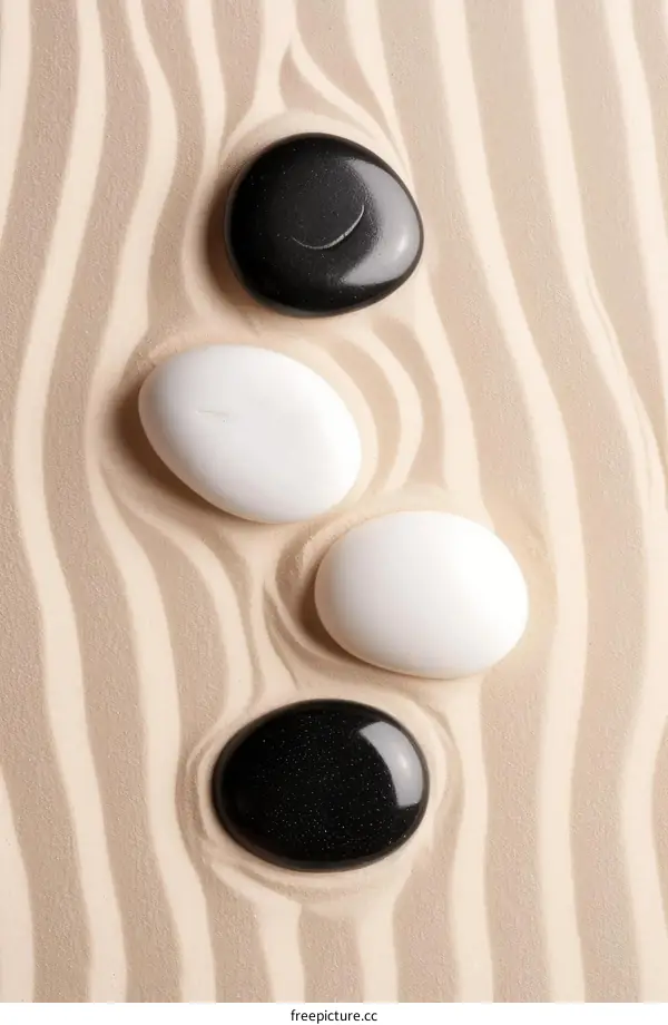Black and white stones on sand background