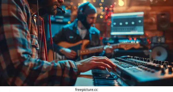 Two men are making music in a studio.