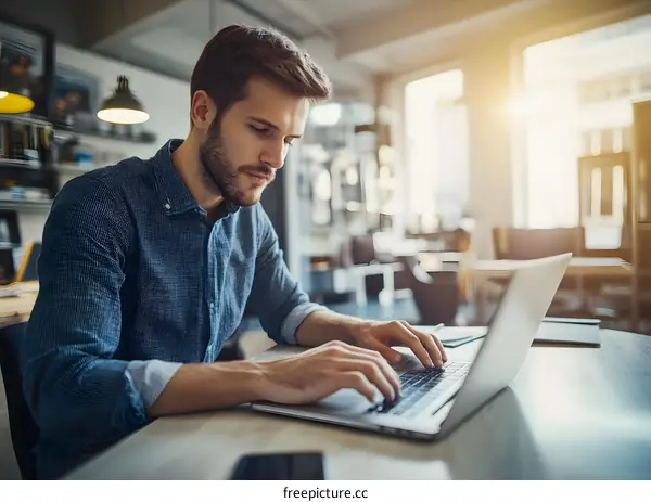 Young Caucasian Man Working on Laptop in Modern Office