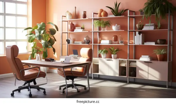 Modern Office with Orange Wall, Plants, and Leather Chairs