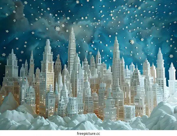 Paper Cityscape Under a Snowy Sky