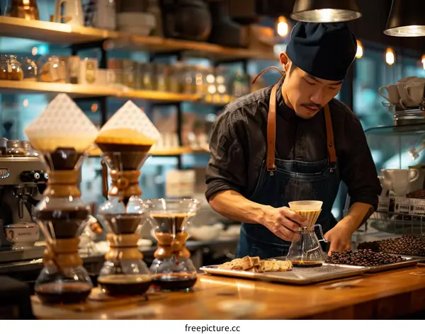 Asian barista making pour over coffee in a cafe