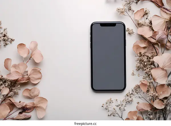 Black Phone with Brown Leaves Mockup