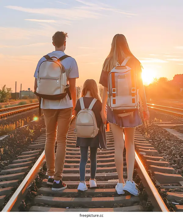 Family with Backpacks Walking on Train Tracks at Sunset