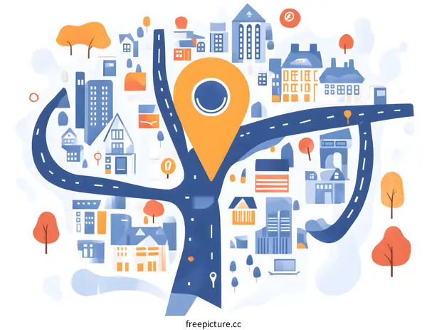 Colorful Map Illustration of a City with Buildings and Roads