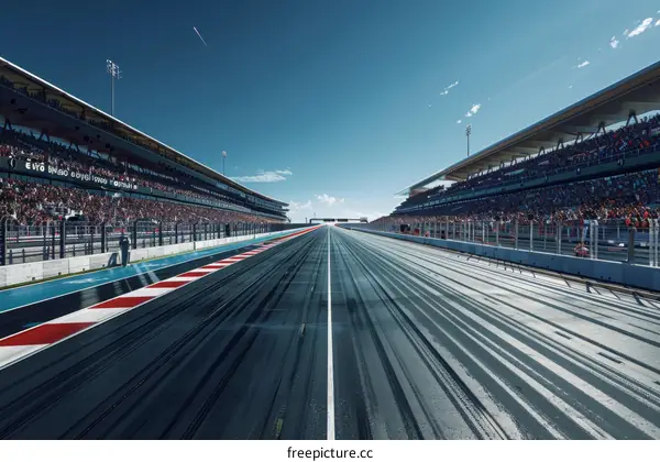 A long and empty racetrack with grandstands on both sides