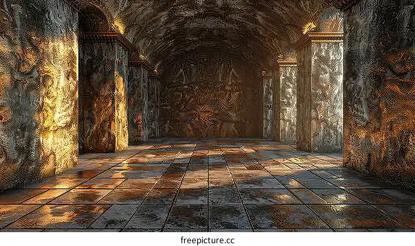 Mystical Temple with Glowing Columns and Shiny Floor Tiles