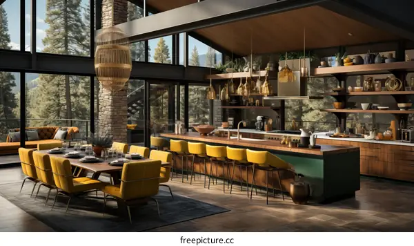 Modern kitchen and dining room with large windows and forest view