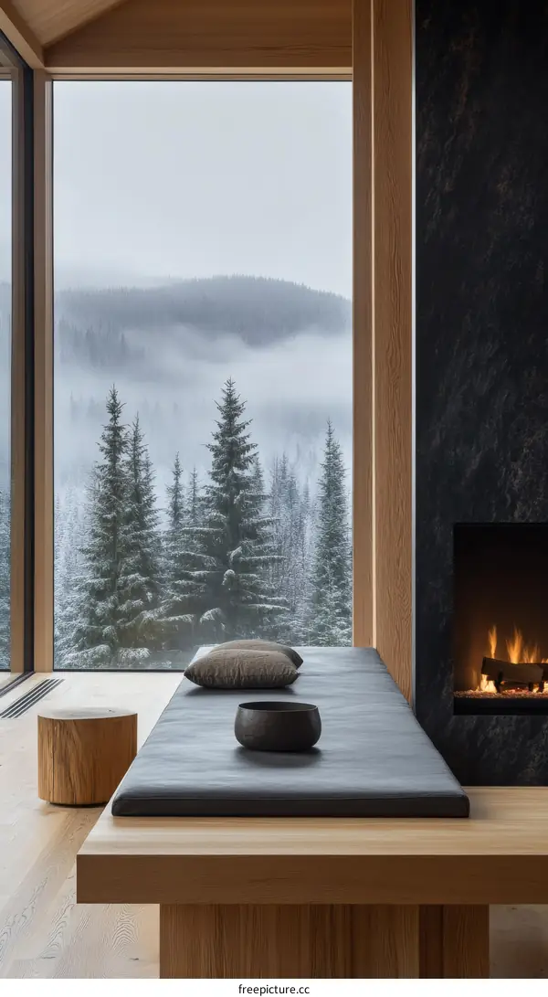 Modern Wooden Cabin Interior with Scenic Mountain View