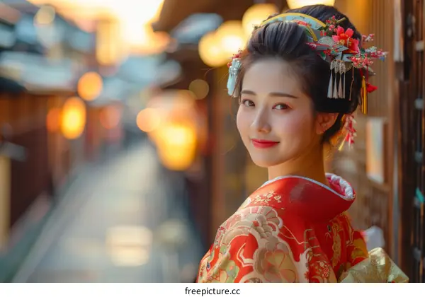 Portrait of a beautiful Japanese woman in traditional kimono