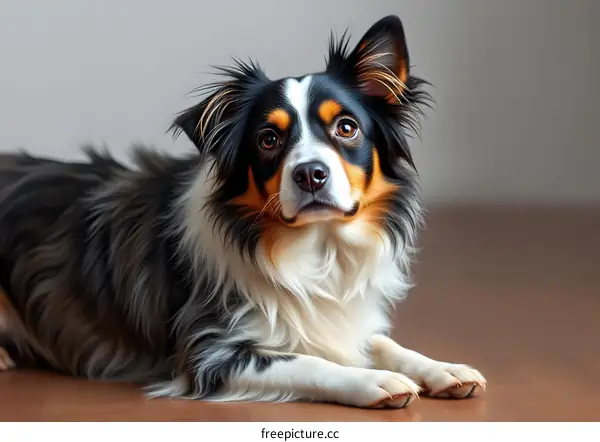 Tricolor Australian Shepherd Dog Laying on Wooden Floor