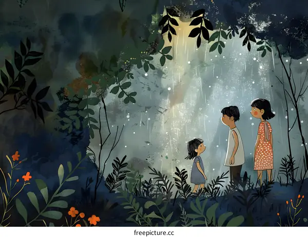 Three Children Standing in the Forest Rain