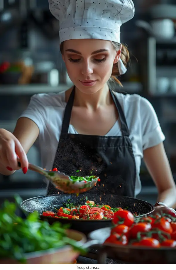 Female chef seasoning stir fry in a pan