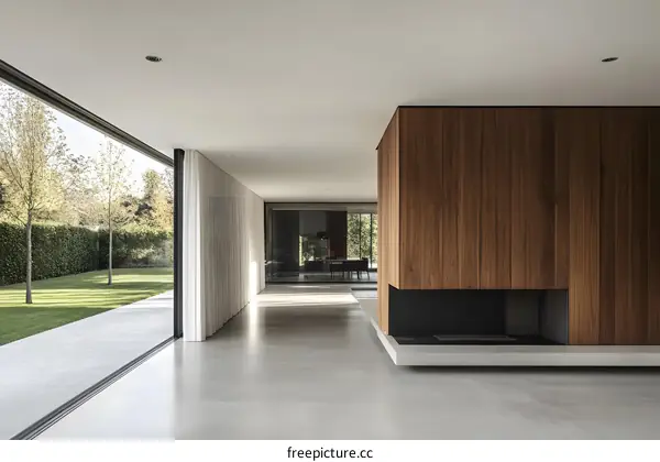 Modern Interior Design with a Fireplace and Large Windows